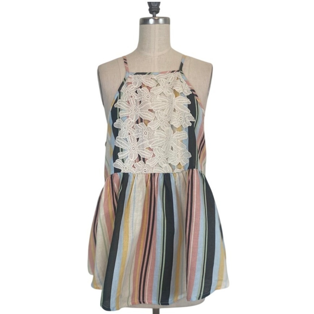 Taylor & Sage Tunic‎ Top Halter Sleeveless Stripe Floral Lace Linen Blend Boho M
